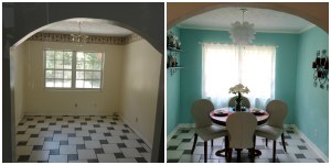 Dining room:  this is the first thing you see beyond the living room when entering the home.  We removed wall paper, added crown molding, an IKEA light fixture, paint and furnishings